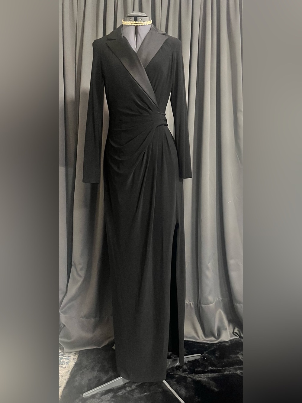 Ralph Lauren Black Long-Sleeve Faux Wrap tuxedo Maxi Evening Gown Dress